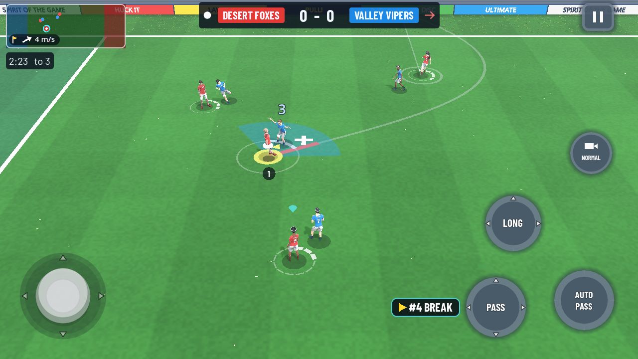 A phone game: the thumb joystick on the left and the Pass, Long and Smart pass buttons on the right
