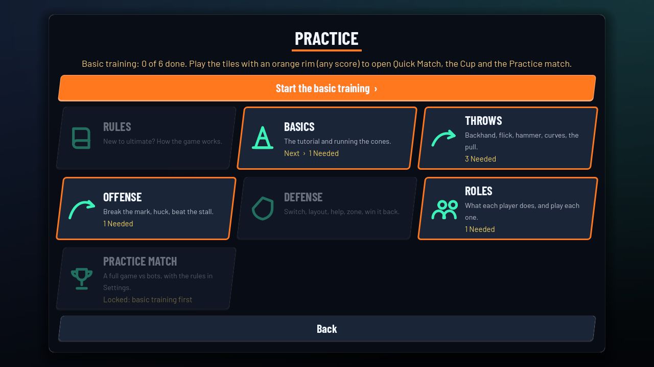 The Practice screen with the Rules, Basics, Throws, Offense, Defense and Roles drills